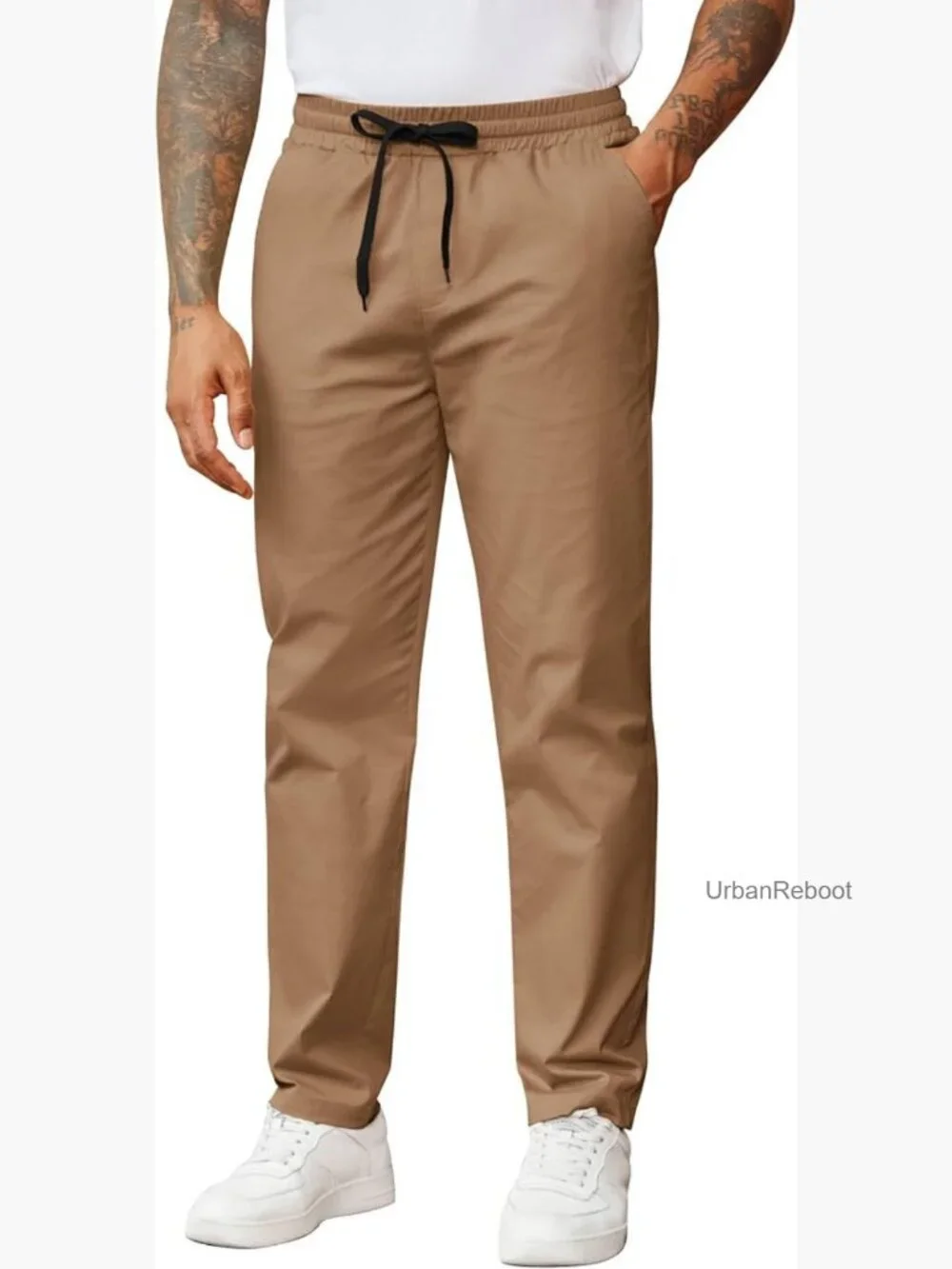 Men's Elastic Waist Drawstring Chino Pants Straight Leg Slacks Cotton Twill